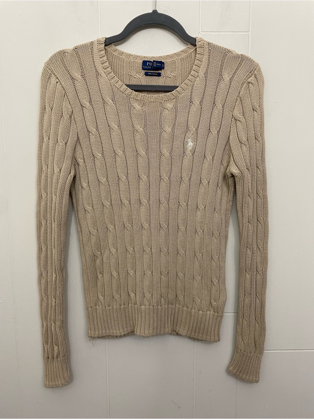 Polo Ralph Lauren Pima Cotton Cable Knit Sweater Women’s Size M Beige Preppy
